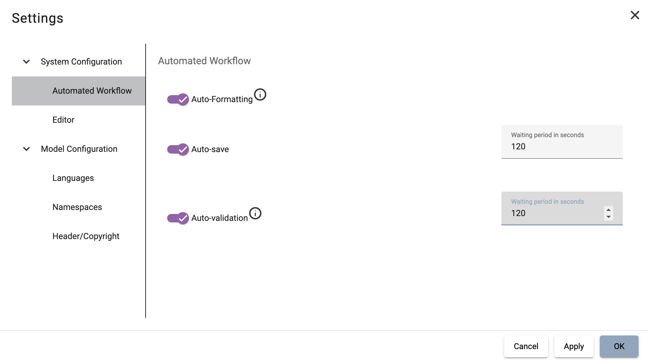 Automated Workflow menu in Settings dialog